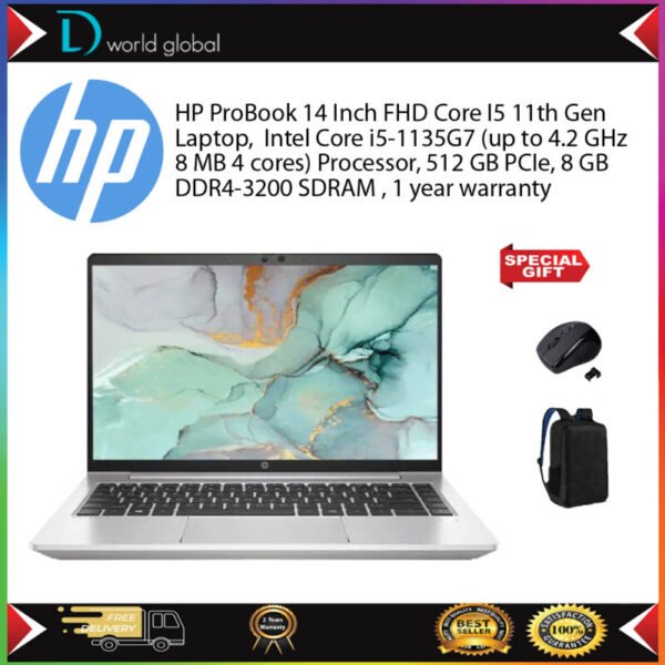 HP ProBook 14 Inch FHD Core I5 11th Gen Laptop, Intel Core i5-1135G7 (up to 4.2 GHz 8 MB 4 cores) Processor, 512 GB PCIe, 8 GB DDR4-3200 SDRAM , 1 year warranty