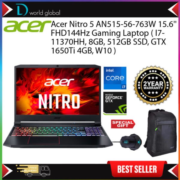 Acer Nitro 5 AN515-56-763W 15.6'' FHD144Hz Gaming Laptop ( I7-11370H, 8GB, 512GB SSD, GTX1650Ti 4GB, W10 )
