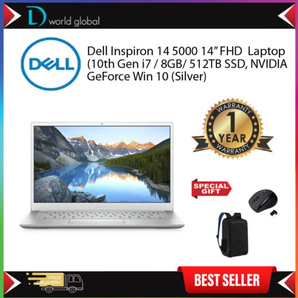 Dell Inspiron 14 5000 14” FHD Laptop (10th Gen i7 / 8GB/ 512TB SSD, NVIDIA GeForce Win 10 (Silver)